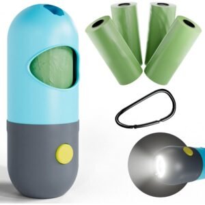 Dog Poop Bag Dispenser with Flashlight & Carabiner – Includes 4 Rolls, Leak-Proof Bags, Green