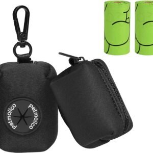 Dog Poop Bag Dispenser 2 Pack – Zipper Pouch Leash Attachment, Leak-Proof Dog Waste Bag Holder with Free Roll Included (Black)