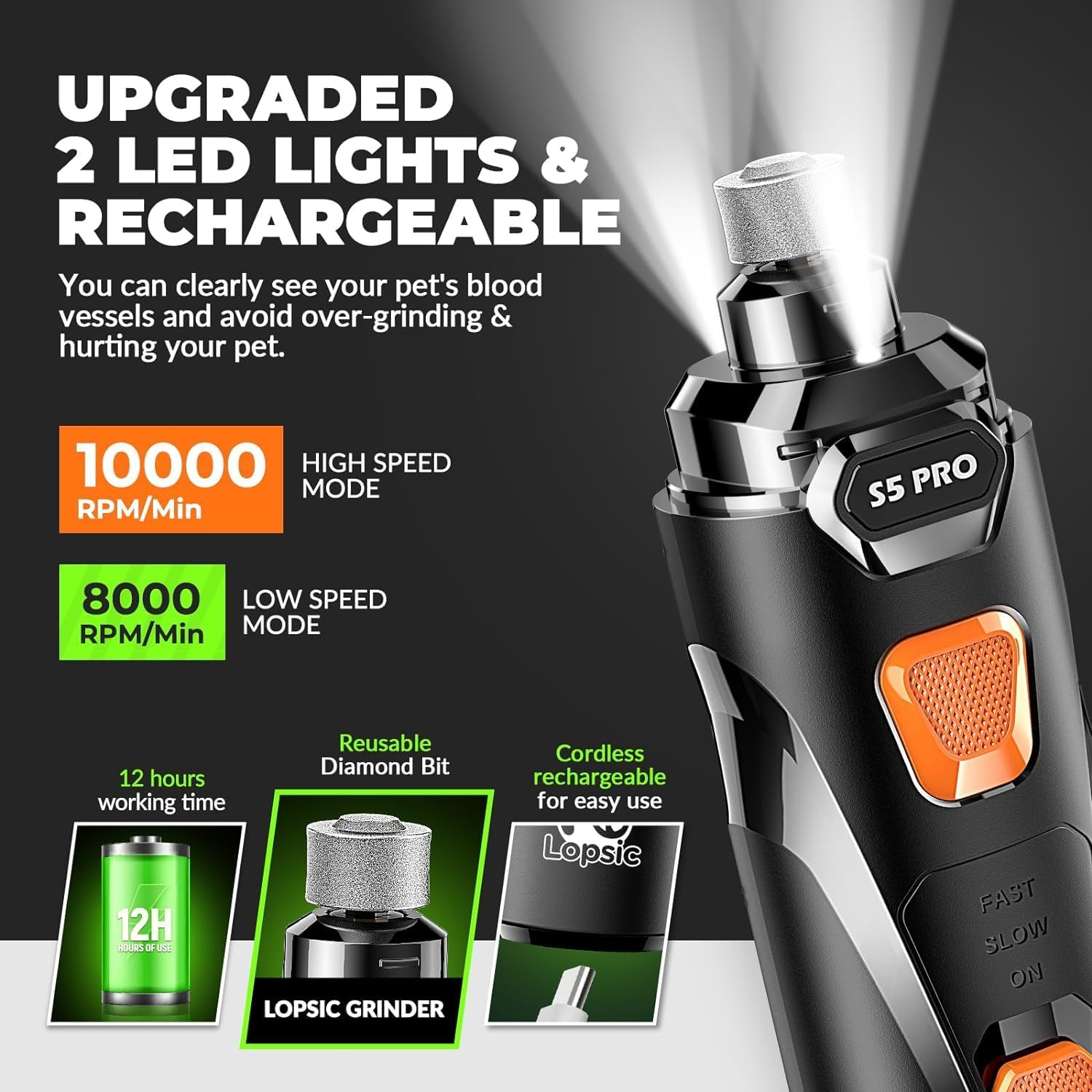 Dog Nail Grinder with 2 LED Lights Powerful 2 Speeds Super Quiet Dog Nail Trimmers - Image 3