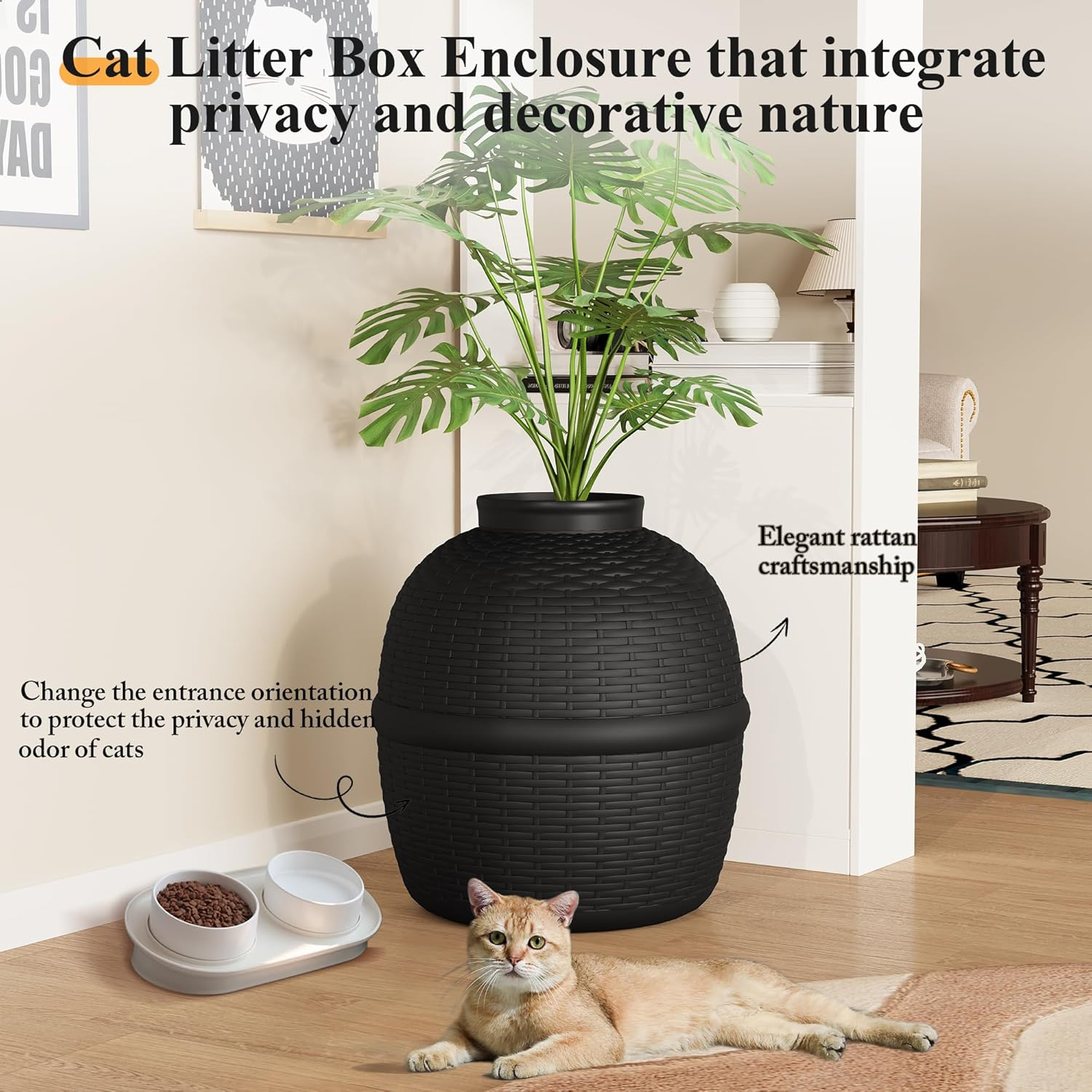 Hidden Litter Box with Faux Plant Large Cat Litter Box with Rattan Pattern Heavy Duty PP Material - Image 2