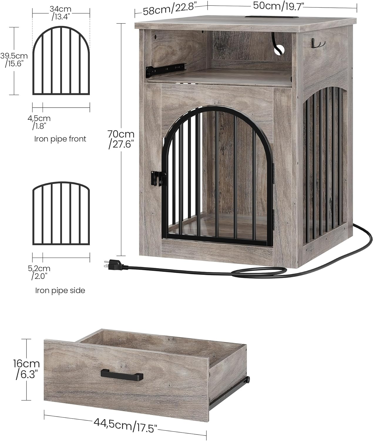 Dog Crate Furniture, Wooden Dog House with Charging Station and Storage Drawer - Image 8