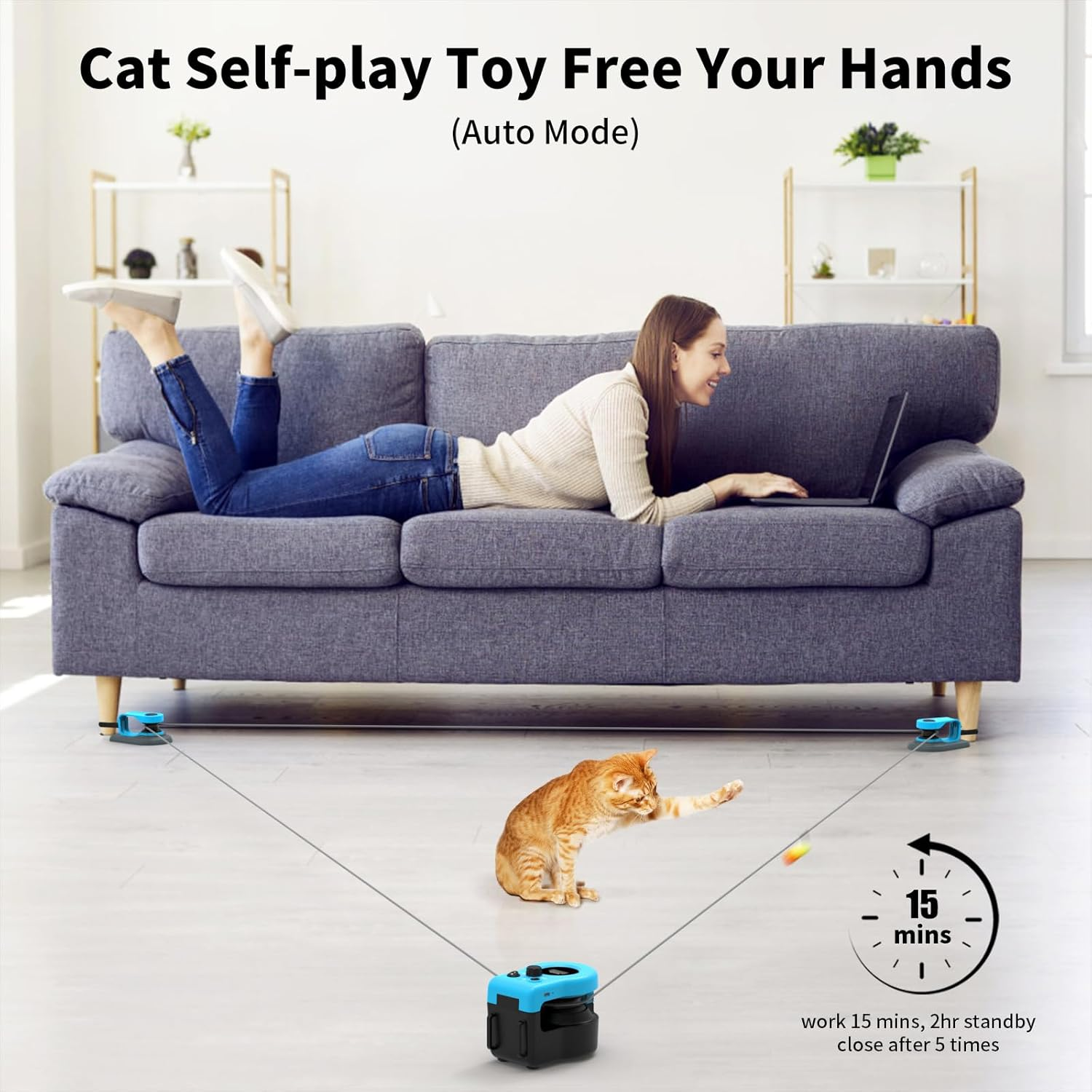 Upgraded Interactive Cat Toy for Indoor Cats Auto/Manual Control DIY Cat Feather Mouse Toy Treadmill for Bored Kitten Puppy Play Chase Run Exercise Hunting Mental Stimulation Sky Blue - Image 4