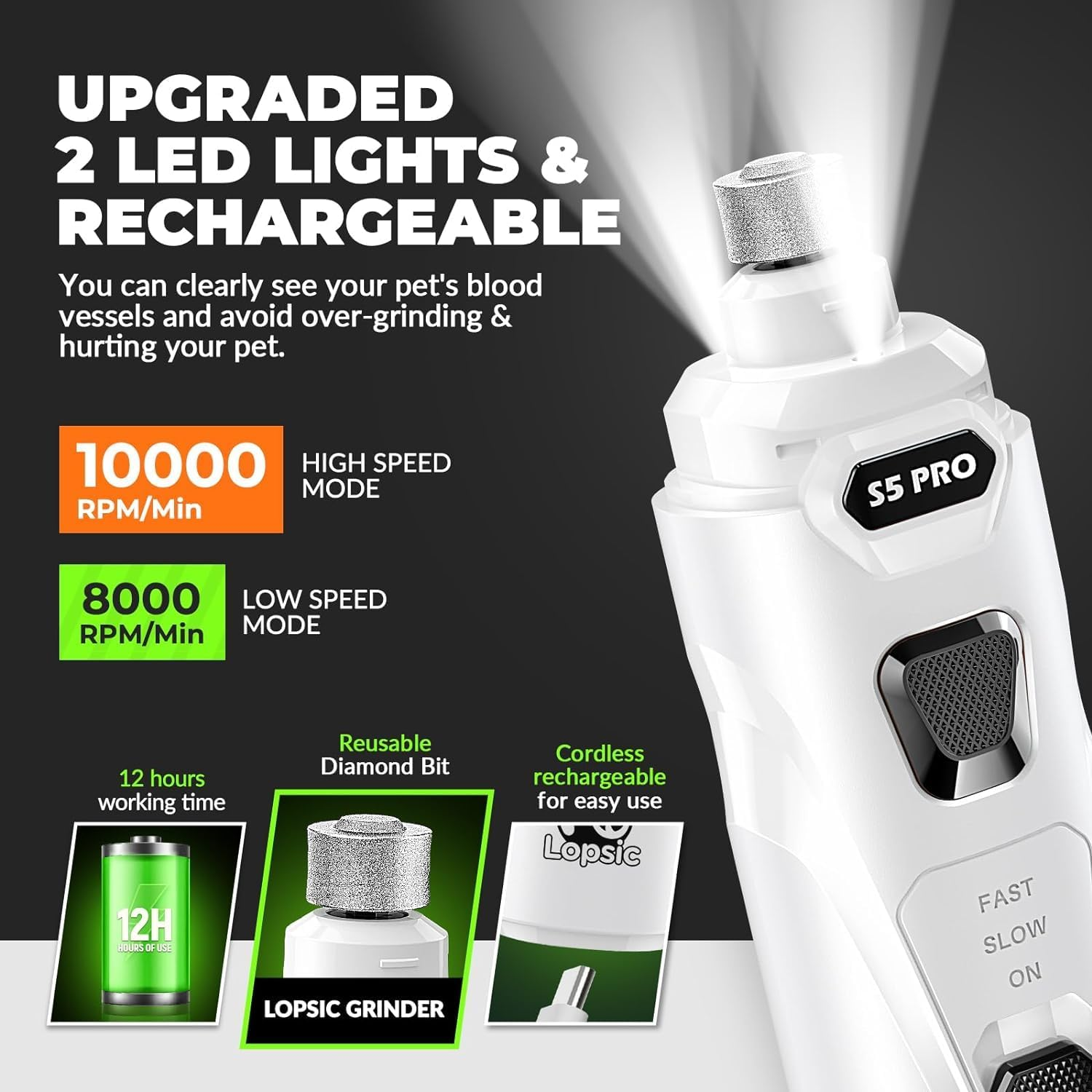 Dog Nail Grinder with 2 LED Lights Powerful 2 Speeds Super Quiet Dog Nail Trimmers - Image 3