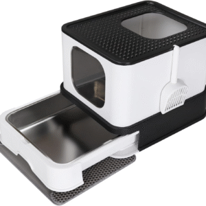 Stainless Steel Cat Box: Enclosed Design with High Walls Black Large Litter Pan