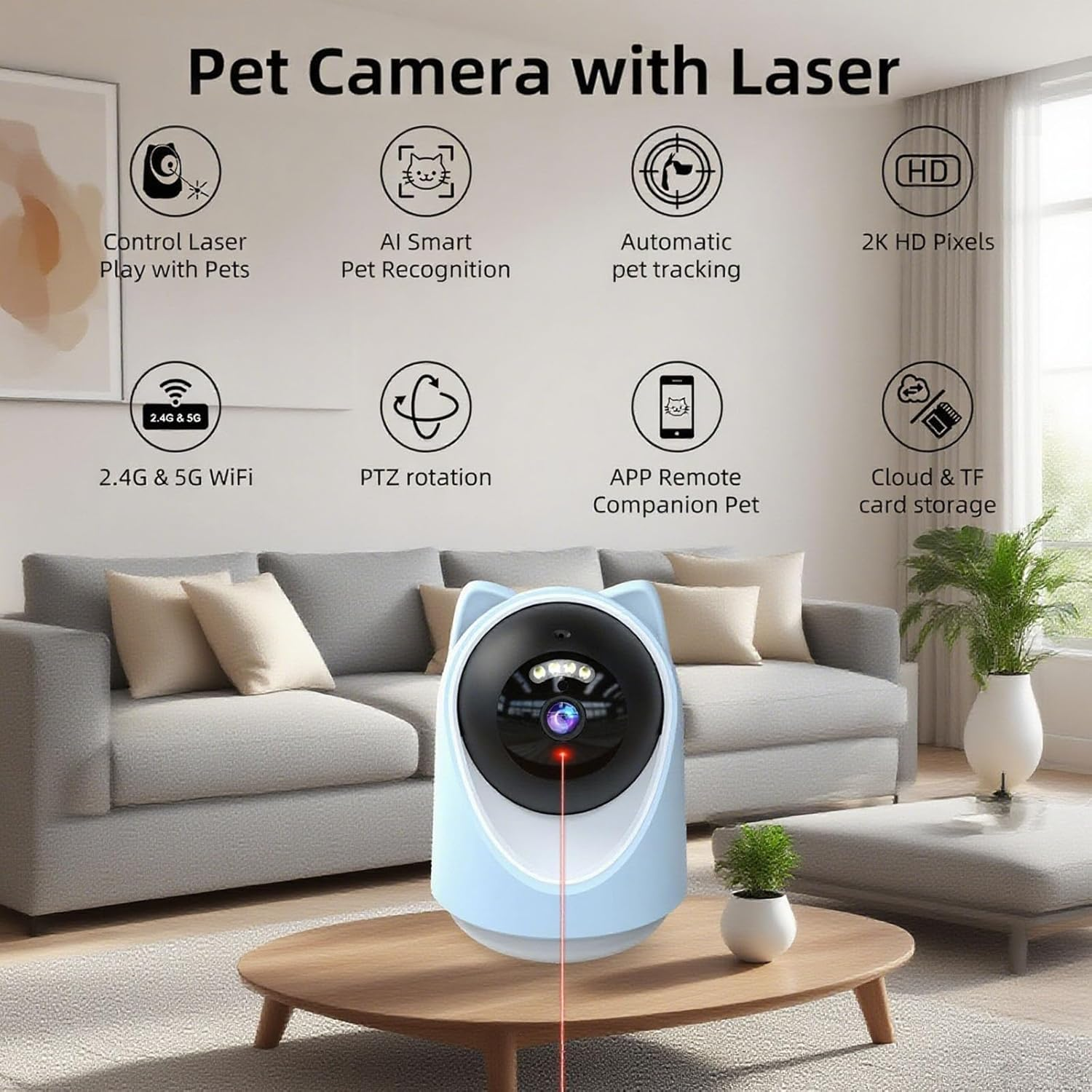 AI Smart Pet Camera with Laser Toy, 2K HD Wifi Indoor Pet Monitor for Cats & Dogs - Image 3