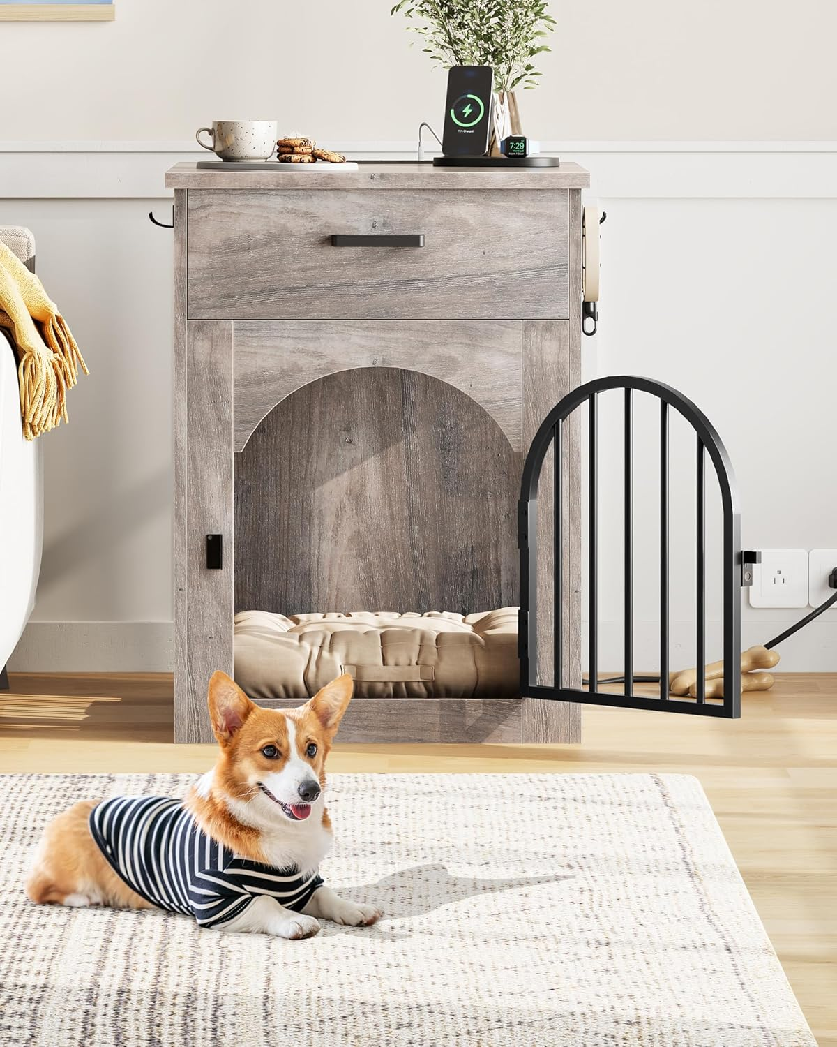 Dog Crate Furniture, Wooden Dog House with Charging Station and Storage Drawer - Image 3