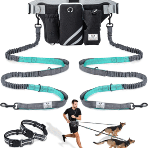 Retractable Hands Free Dog Leash with Dual Bungees for 2 Dogs Adjustable Waist Belt