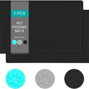 2 Pack (18"×12") Silicone Pet Feeding Mats – Waterproof, Non-Slip Food & Water Bowl Placemats for Dogs and Cats, Easy to Clean, Black