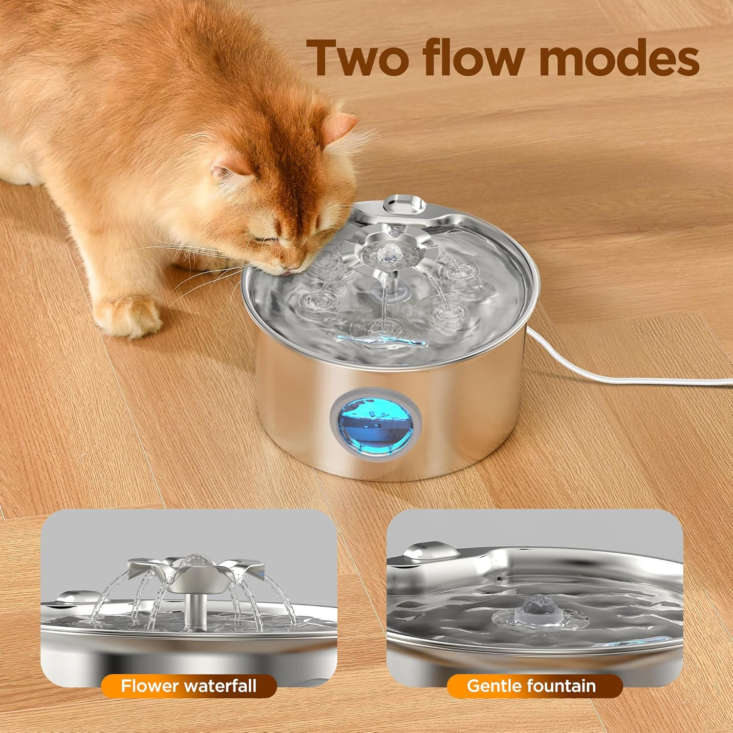 Stainless Steel Cat Water Fountain: 88Oz/2.6L Ultra Quiet Pet Fountain with Flower Kitty Spout & LED Blue Light Water Dispenser with Water Level Window for Cats/Dogs Indoor (Silver) - - Image 3