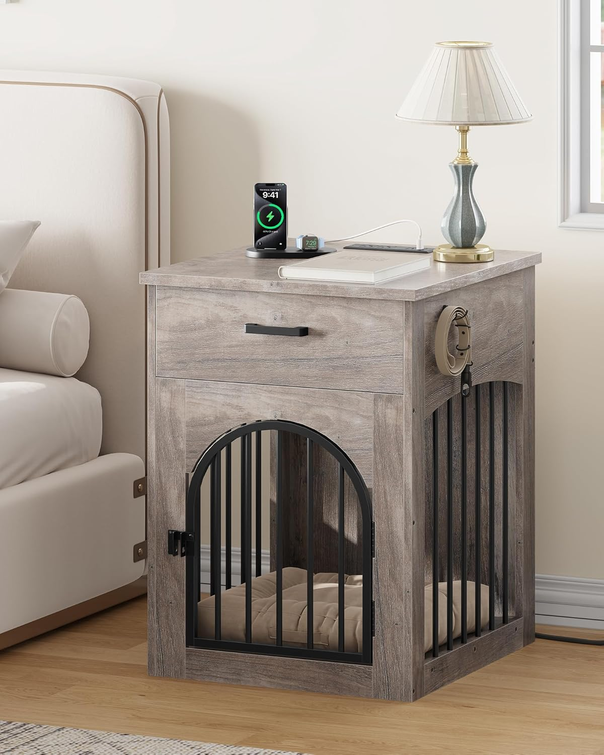 Dog Crate Furniture, Wooden Dog House with Charging Station and Storage Drawer - Image 2