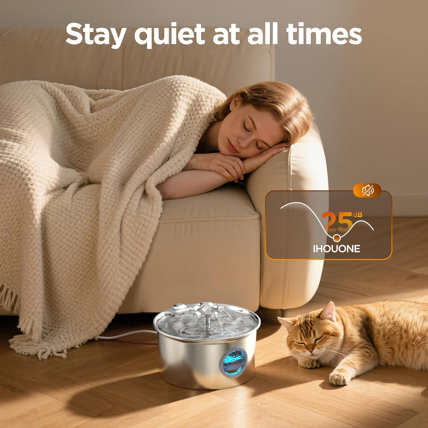 Stainless Steel Cat Water Fountain: 88Oz/2.6L Ultra Quiet Pet Fountain with Flower Kitty Spout & LED Blue Light Water Dispenser with Water Level Window for Cats/Dogs Indoor (Silver) - - Image 5