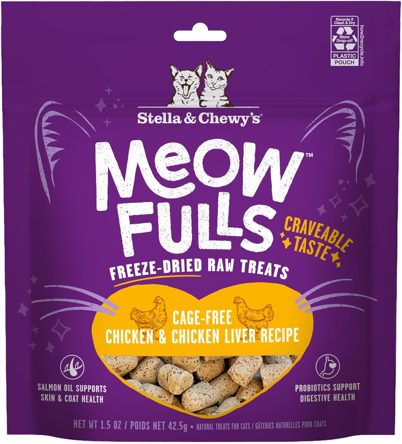Meowfulls Freeze-Dried Cat Treats – Chicken & Chicken Liver Recipe with Probiotics & Salmon Oil, Raw Protein, 1 Calorie per Treat (1.5 oz) - Image 2