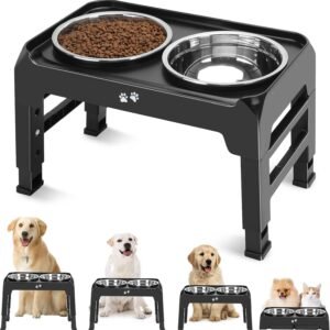 Elevated Dog Bowls – 4 Height Adjustable Raised Feeder Stand with 2 Stainless Steel 50oz Food Bowls, Non-Slip Design, Black