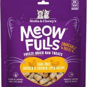 Meowfulls Freeze-Dried Cat Treats – Chicken & Chicken Liver Recipe with Probiotics & Salmon Oil, Raw Protein, 1 Calorie per Treat (1.5 oz)