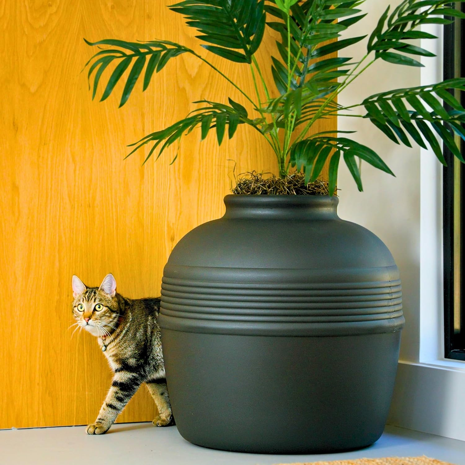 Hidden Cat Litter Box Enclosure with Artificial Plant Decorative round Planter - Image 13