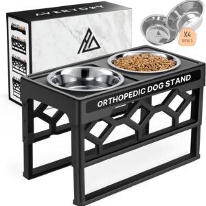 Large Dog Bowls Elevated – 4 Height Adjustable Raised Feeder Stand with 4 Stainless Steel Food & Water Bowls, Non-Slip Feeding Station for Medium & Large Dogs
