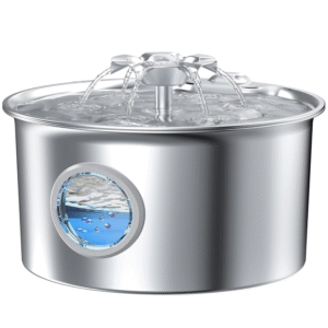 Stainless Steel Cat Water Fountain: 88Oz/2.6L Ultra Quiet Pet Fountain with Flower Kitty Spout & LED Blue Light Water Dispenser with Water Level Window for Cats/Dogs Indoor (Silver) -