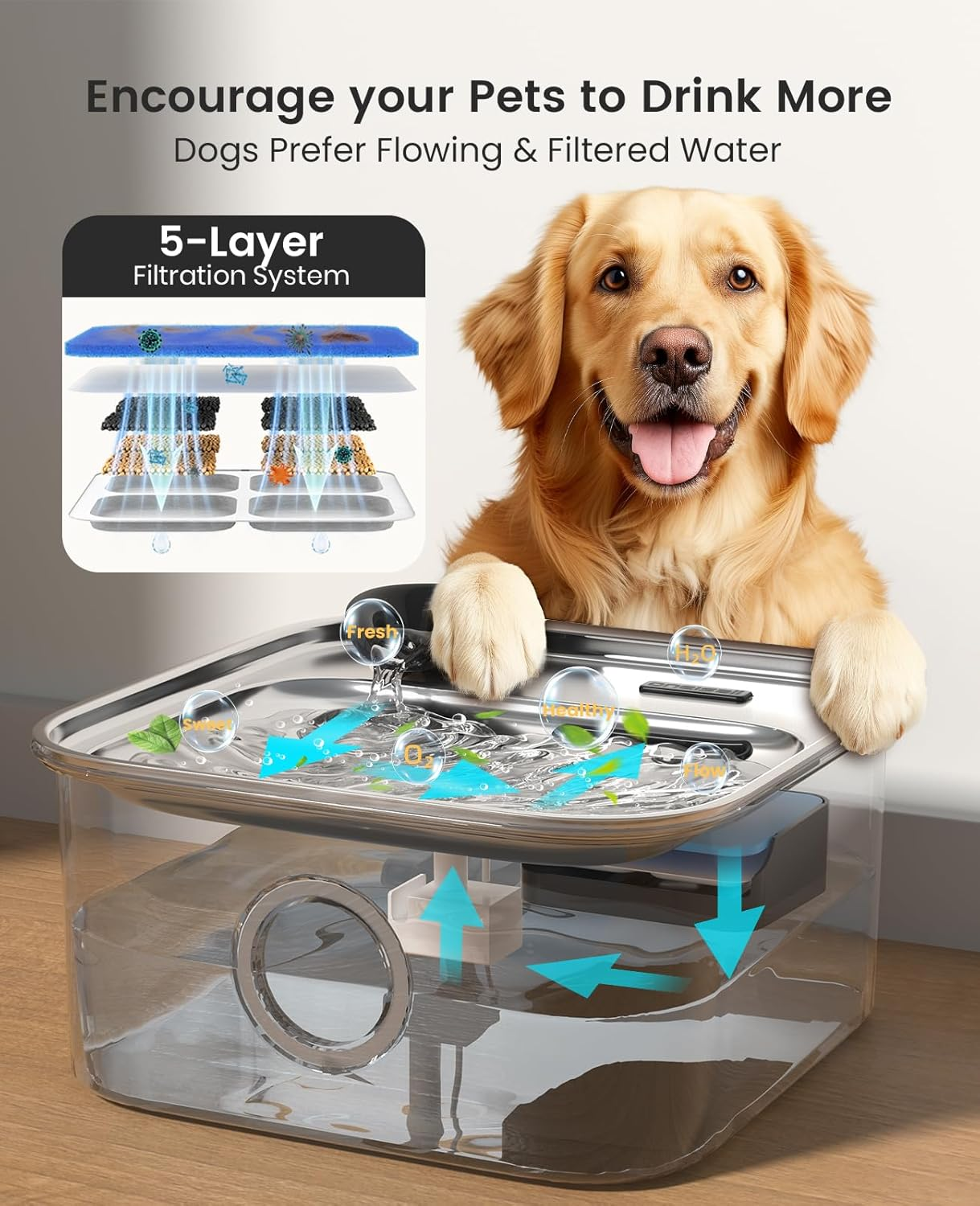 Dog Water Fountain for Large Dogs 10L/2.6Gal Dog Fountain Water Bowl with Multi-Filtration - Image 3