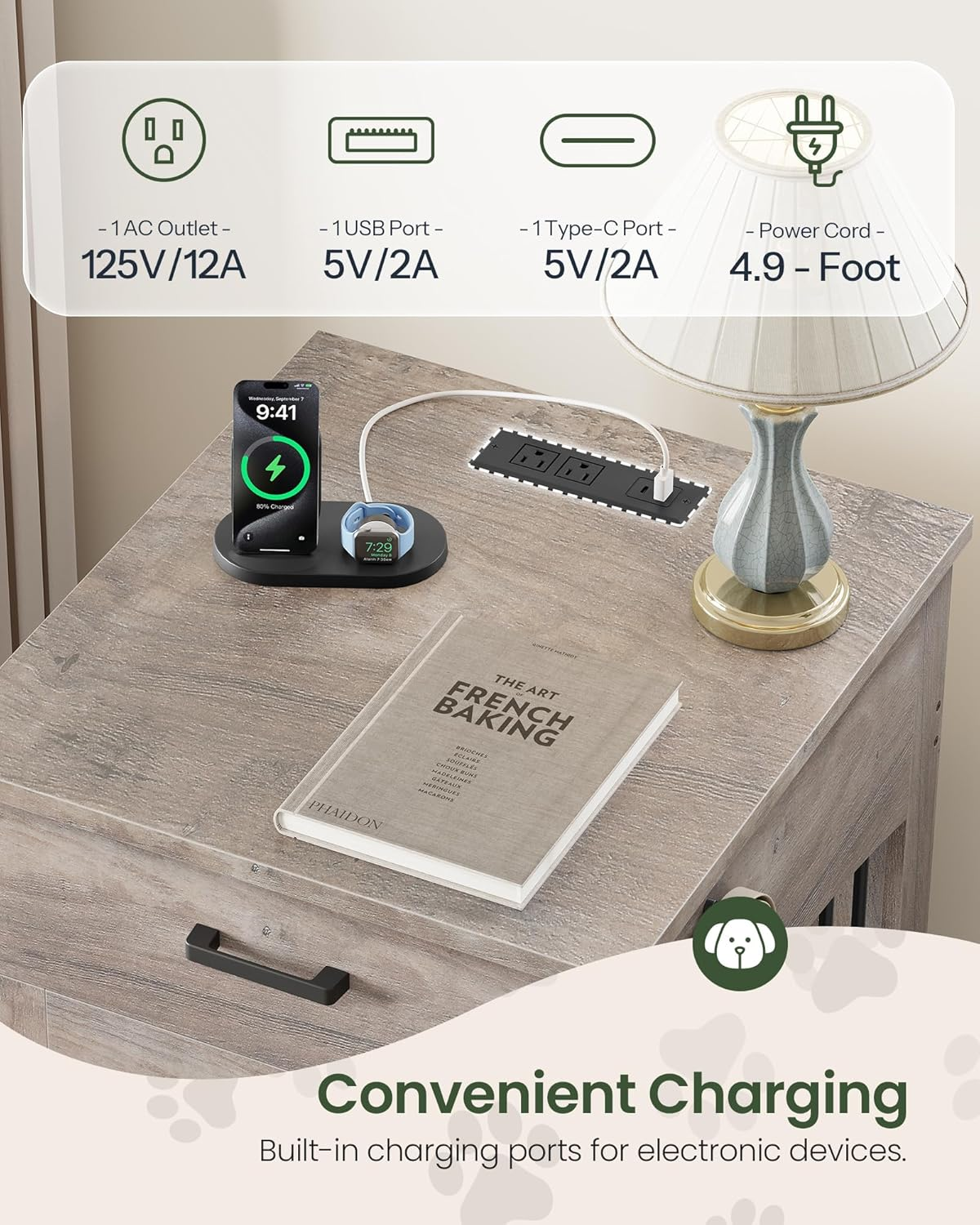 Dog Crate Furniture, Wooden Dog House with Charging Station and Storage Drawer - Image 5