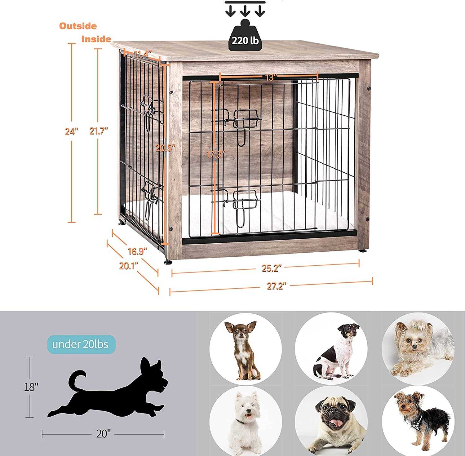 Dog Crate Furniture with Cushion Wooden Kennel Table with Double Doors Indoor Dog House - Image 5
