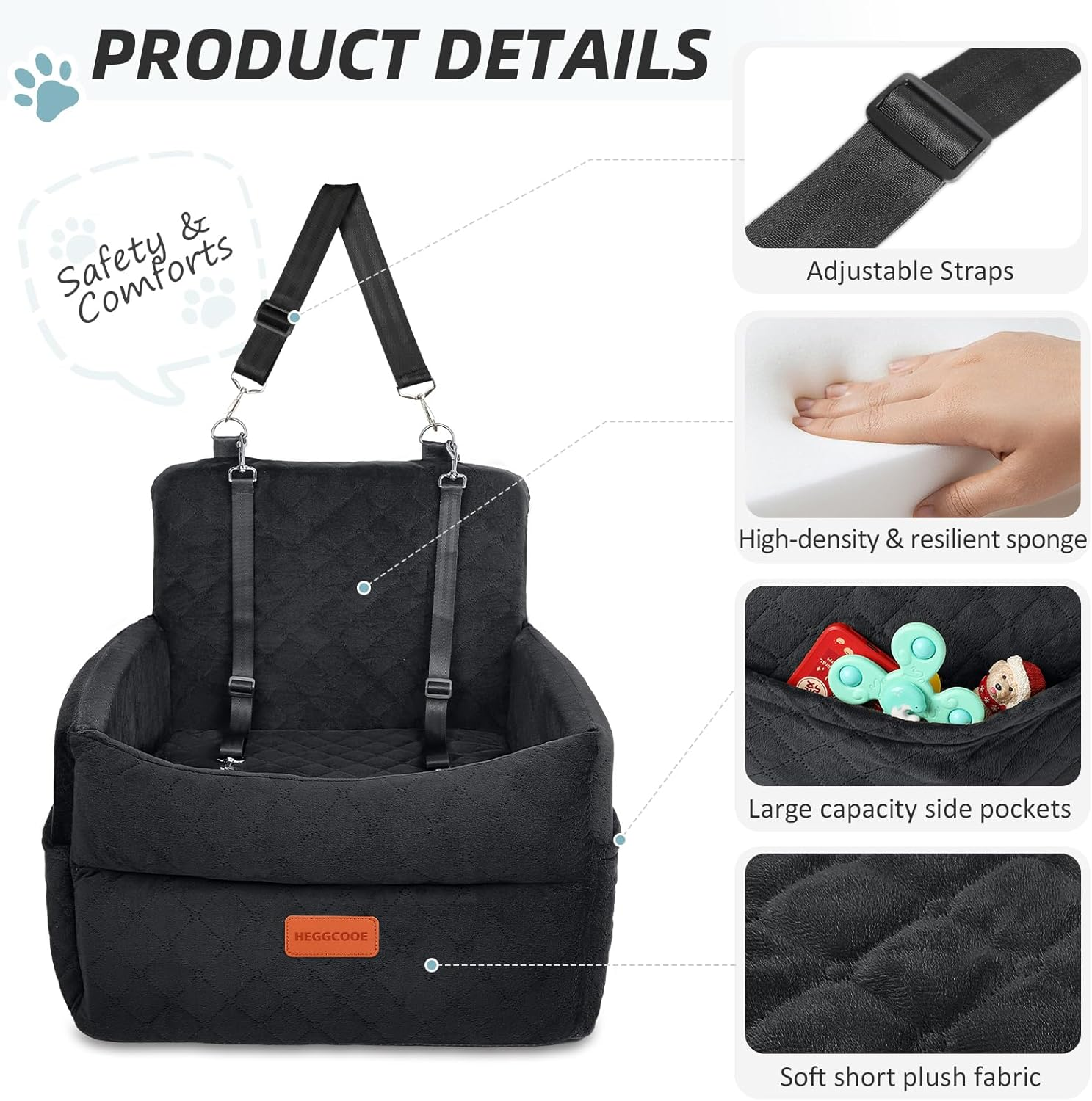 Small Dog Car Seat Memory Foam Dog Booster Car Seats with Thick Cushion for Medium Dogs - Image 3