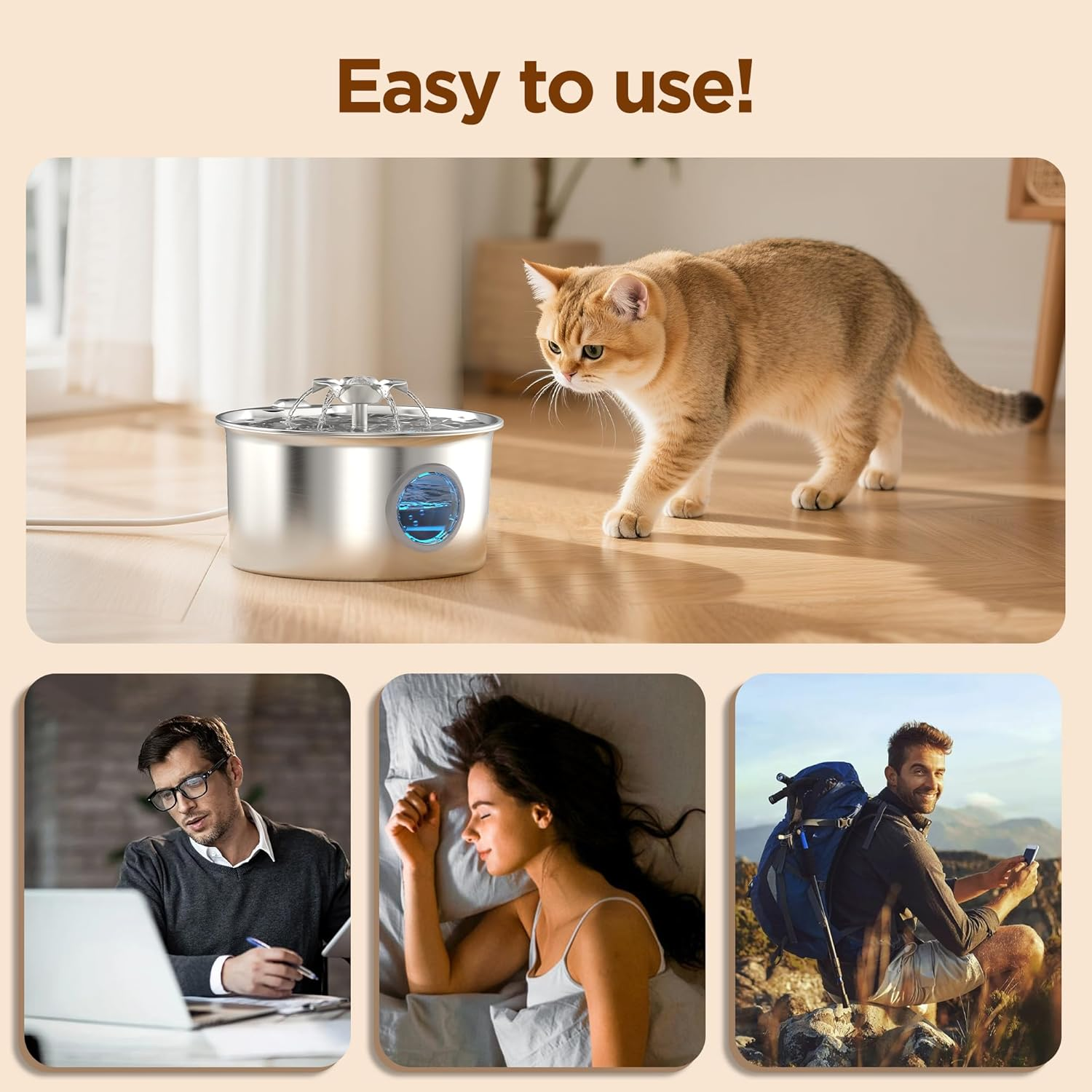 Stainless Steel Cat Water Fountain: 88Oz/2.6L Ultra Quiet Pet Fountain with Flower Kitty Spout & LED Blue Light Water Dispenser with Water Level Window for Cats/Dogs Indoor (Silver) - - Image 7