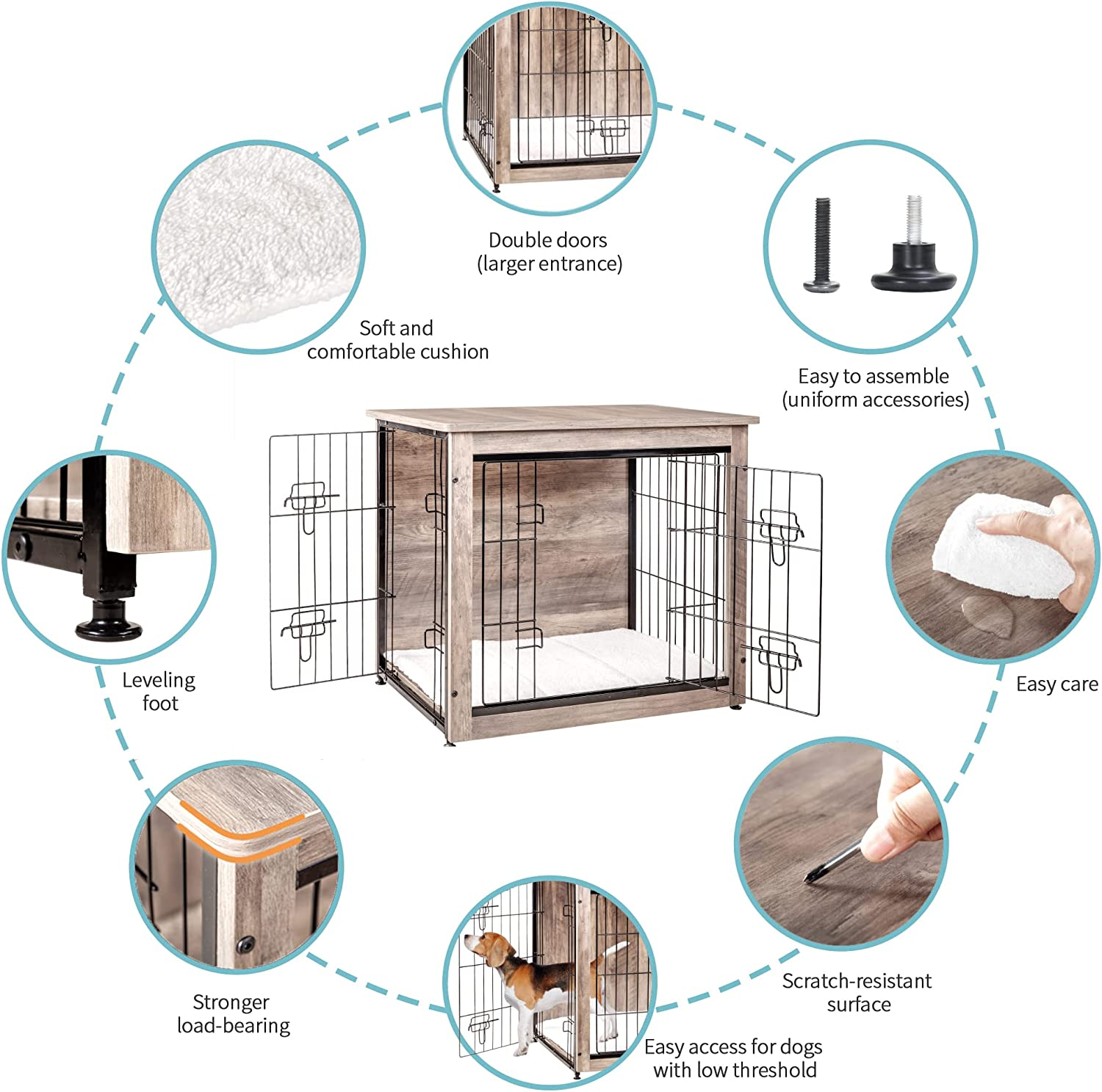 Dog Crate Furniture with Cushion Wooden Kennel Table with Double Doors Indoor Dog House - Image 4