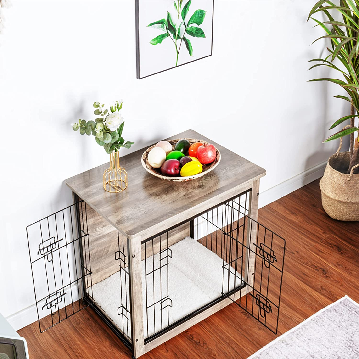 Dog Crate Furniture with Cushion Wooden Kennel Table with Double Doors Indoor Dog House - Image 2