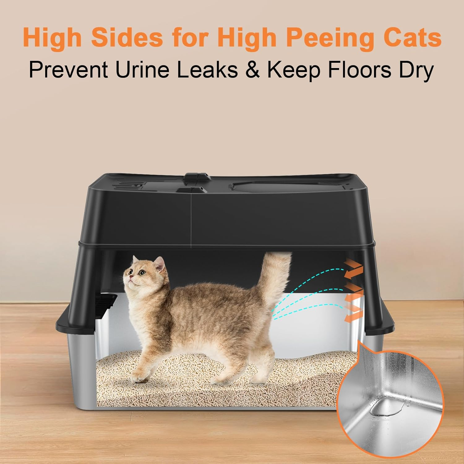 Stainless Steel Cat Litter Box with Lid 110° Flip-Top Extra Large Enclosed Litter Box Non-Sticky - Image 3