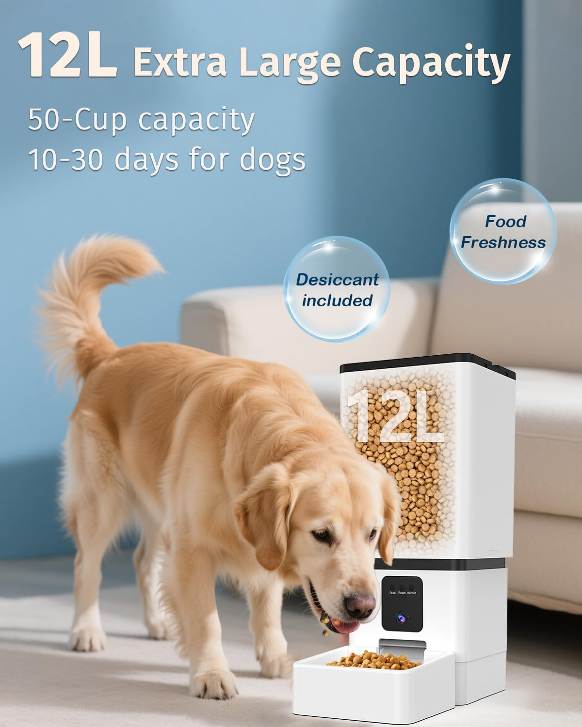 Automatic Dog Feeder Large Breed with Camera 12L/50 Cups 5G Wifi App Control Dog Food Dispenser - Image 2