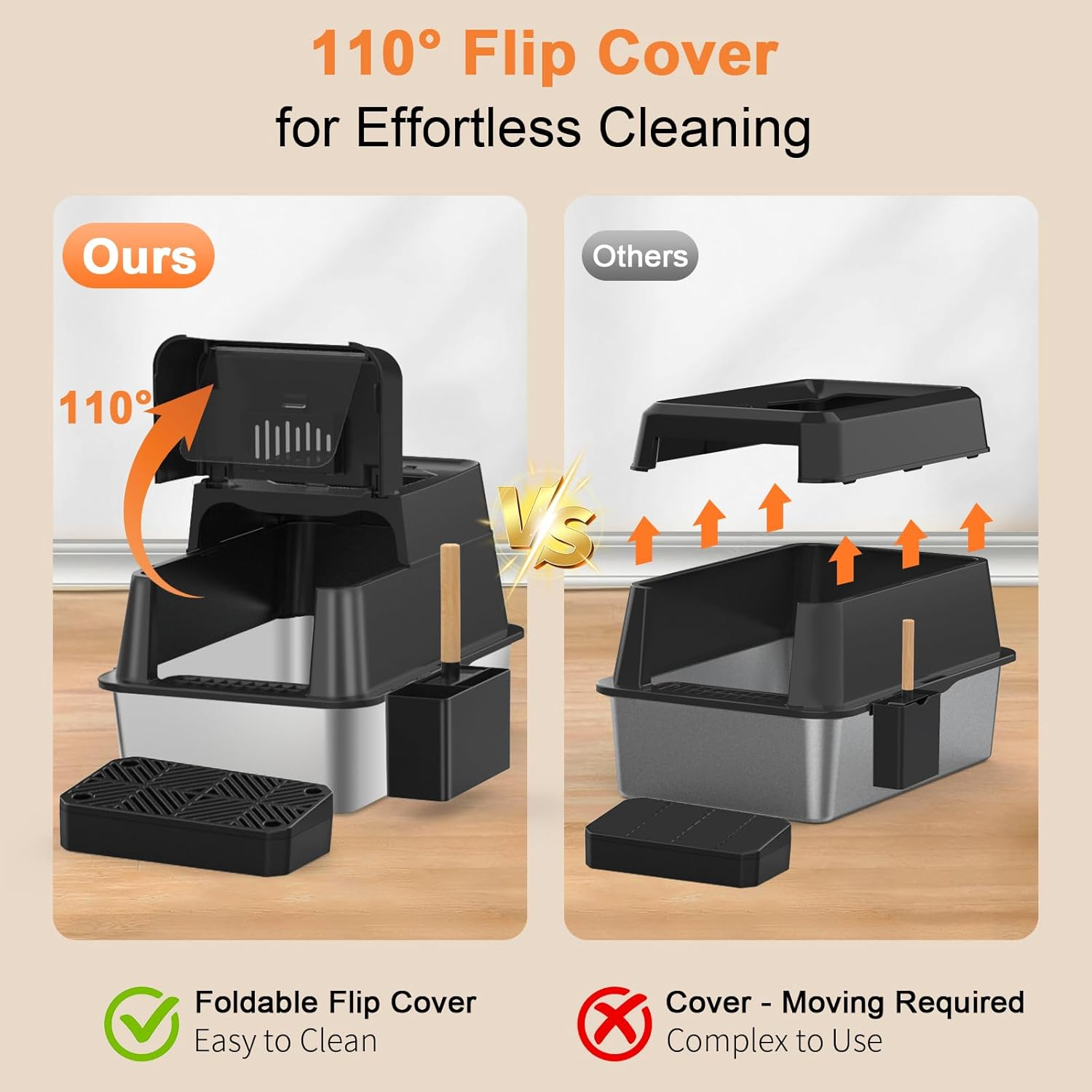 Stainless Steel Cat Litter Box with Lid 110° Flip-Top Extra Large Enclosed Litter Box Non-Sticky - Image 2