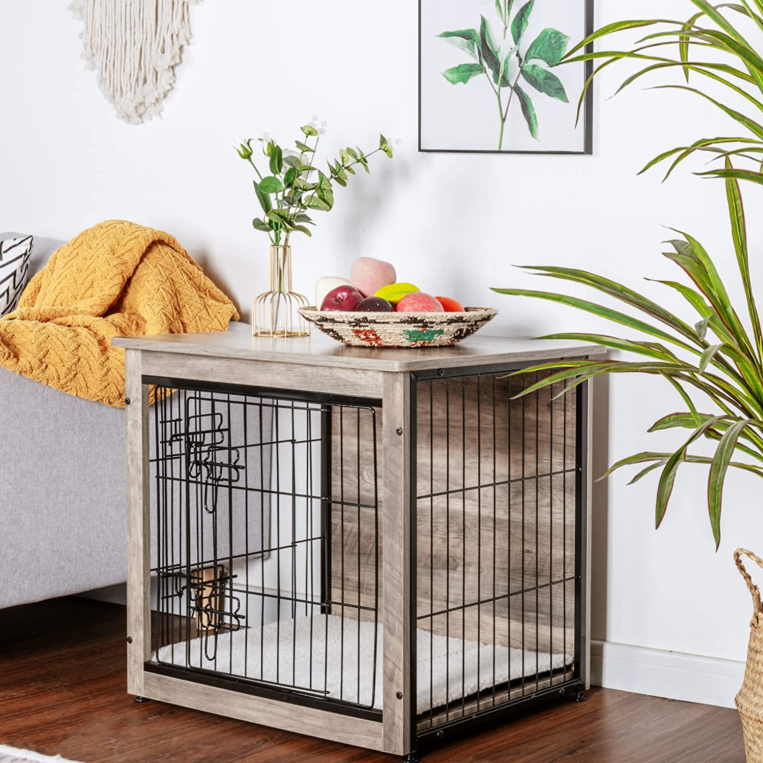 Dog Crate Furniture with Cushion Wooden Kennel Table with Double Doors Indoor Dog House - Image 3