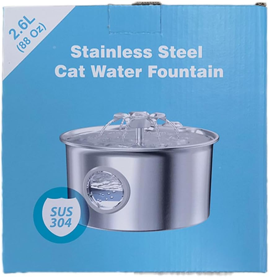 Stainless Steel Cat Water Fountain: 88Oz/2.6L Ultra Quiet Pet Fountain with Flower Kitty Spout & LED Blue Light Water Dispenser with Water Level Window for Cats/Dogs Indoor (Silver) - - Image 10