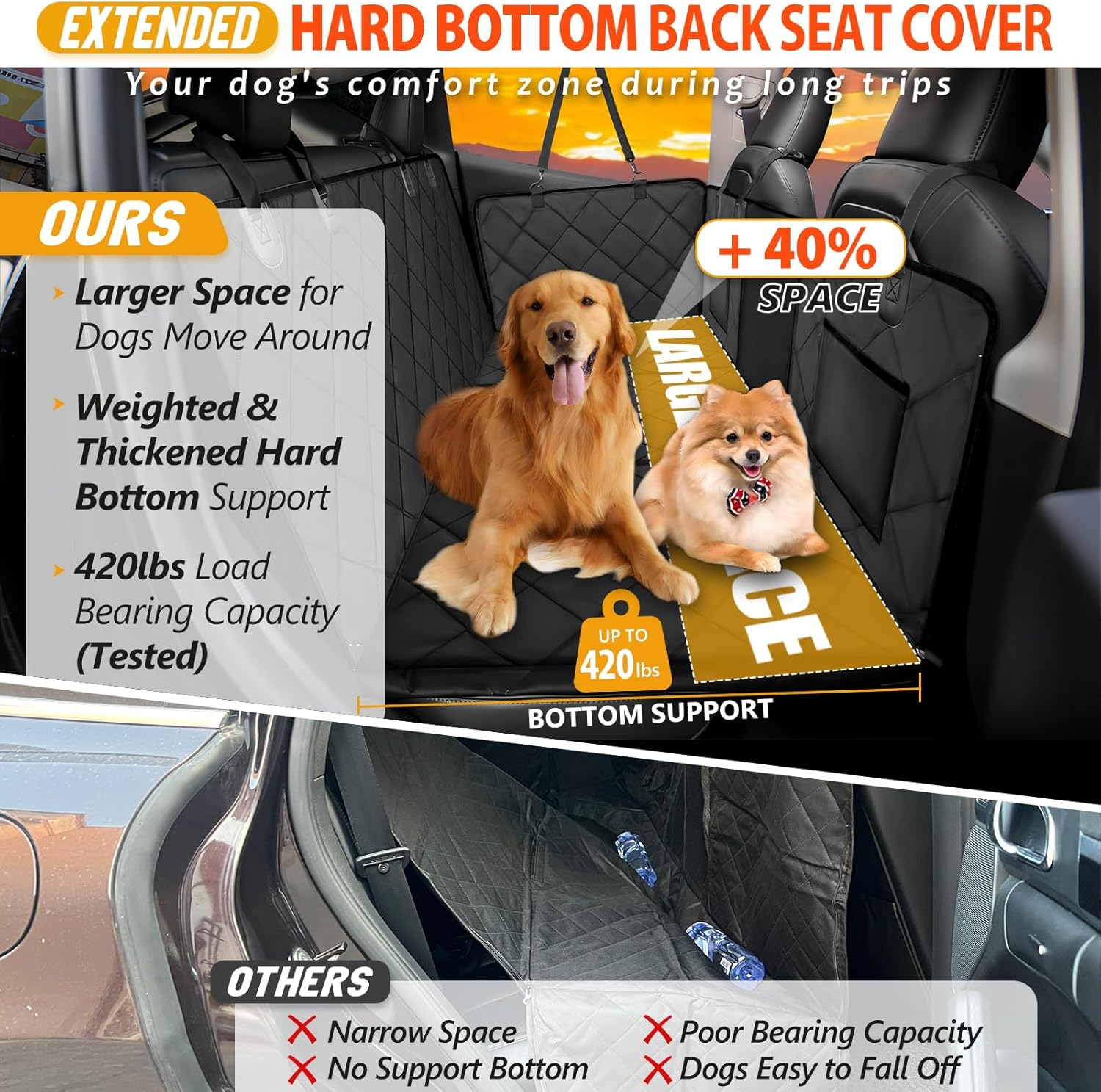 Back Seat Extender for Dogs Large Space Dog Car Seat Cover Hard Bottom Holds 420Lbs - Image 2