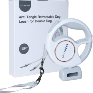 All-In-One Retractable Dual Dog Leash with LED Light and Poop Bag Holder, 360° Tangle-Free Swivel, One-Touch Brake/Lock, Durable Tape & Ergonomic Grip – for Two Small Dogs