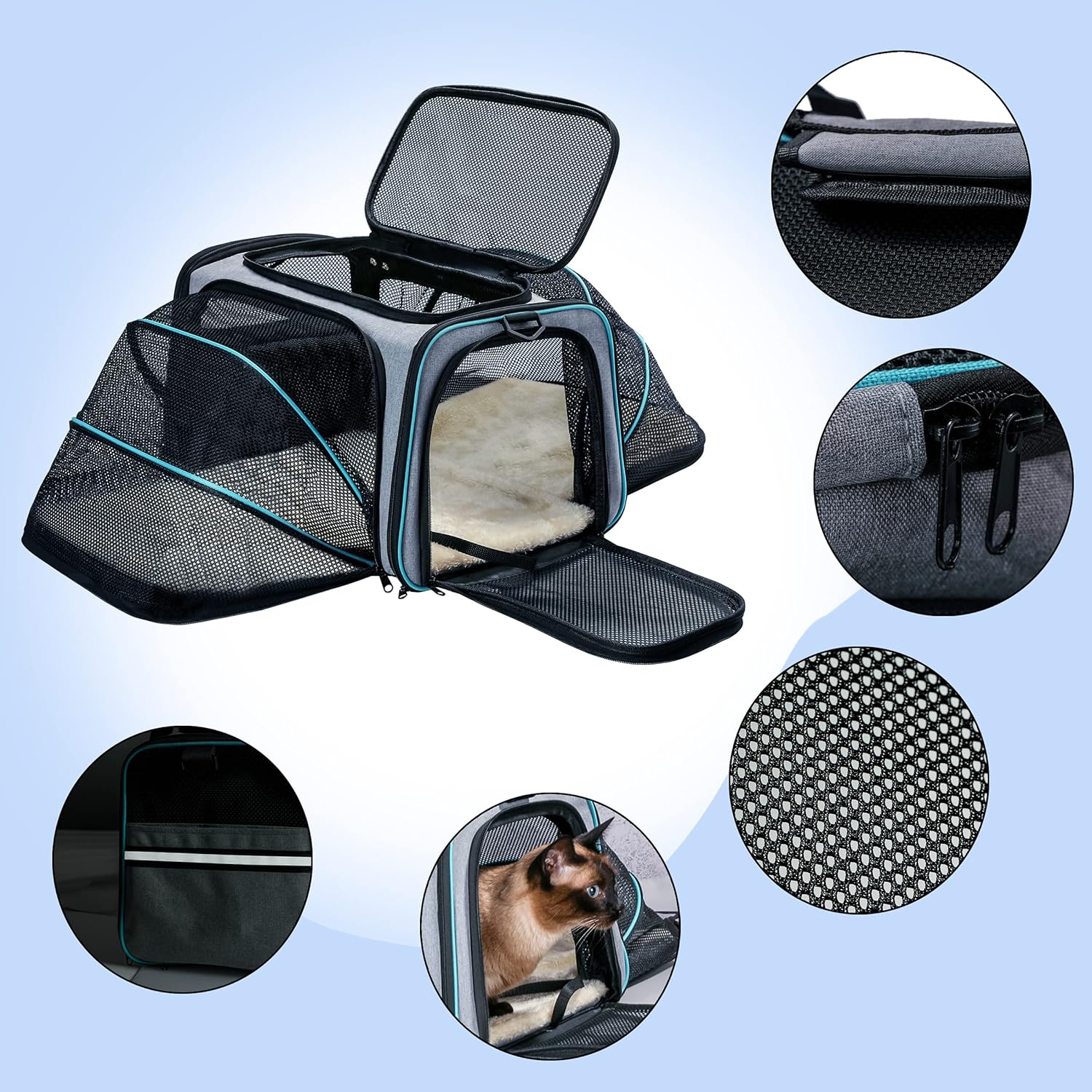 Cat Dog Carrier - Airline Approved Expandable Soft-Sided Pet Carrier with Removable Fleece Pad and Pockets, for Cats/Puppy and Small Animals Large(2 Side Expandable) - Image 3