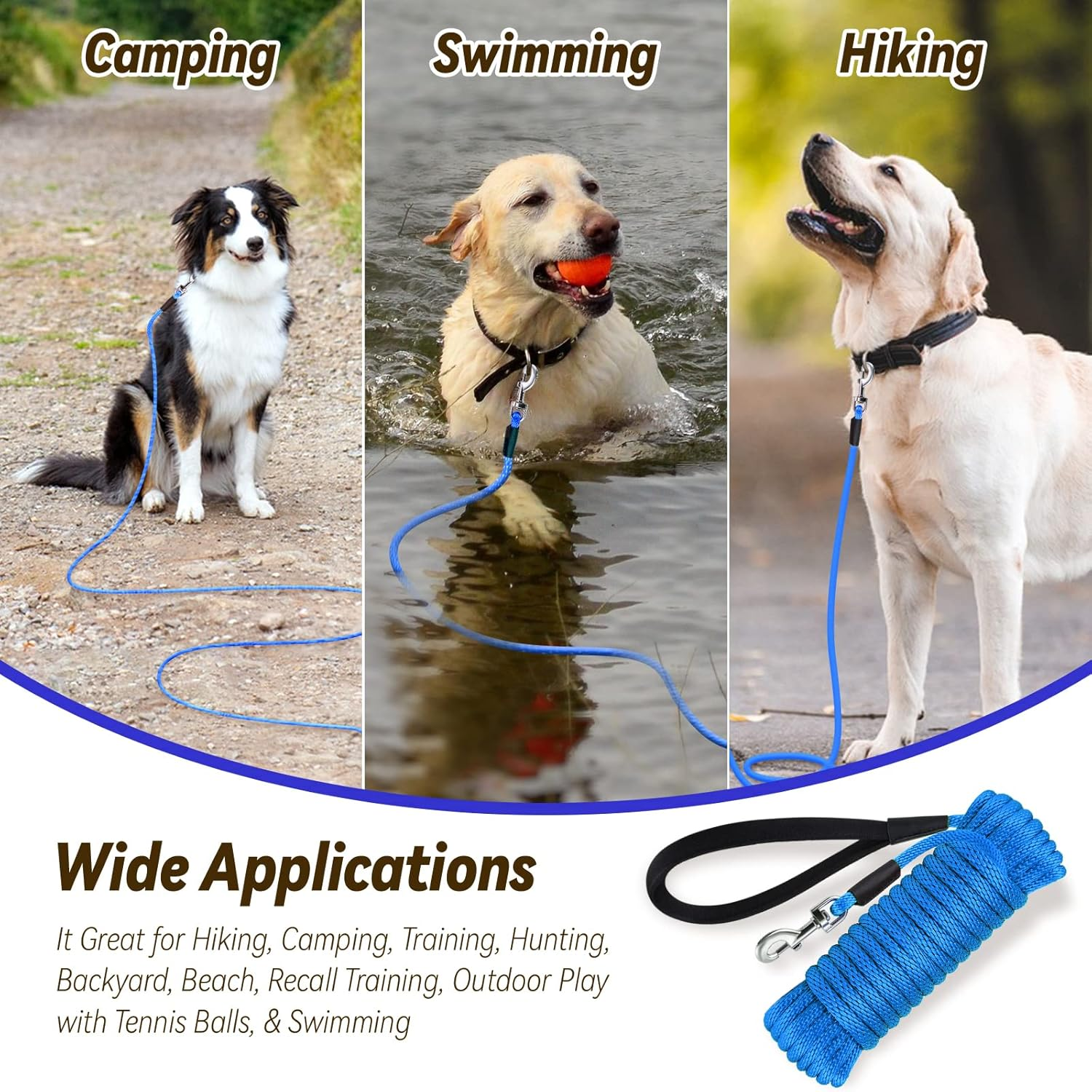 Check Cord Dog Leash Long Lead Training Tracking Line Comfortable Handle Heavy Duty Puppy Rope 10Ft 15Ft 30Ft 50Ft for Small Medium Large Dog Blue - Image 6