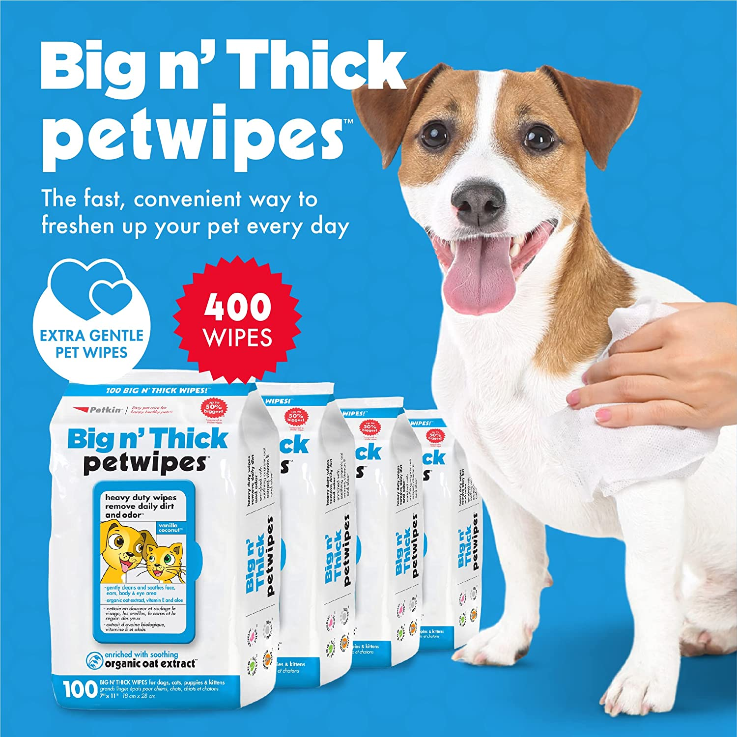 Pet Wipes for Dogs and Cats, 400 Wipes - Large Pet Wipes for Dogs and Cats - Cleans Ears, Face, Butt, Body and Eye Area - Convenient, Ideal for Home or Travel - 4 Packs of 100 Wipes - Image 2