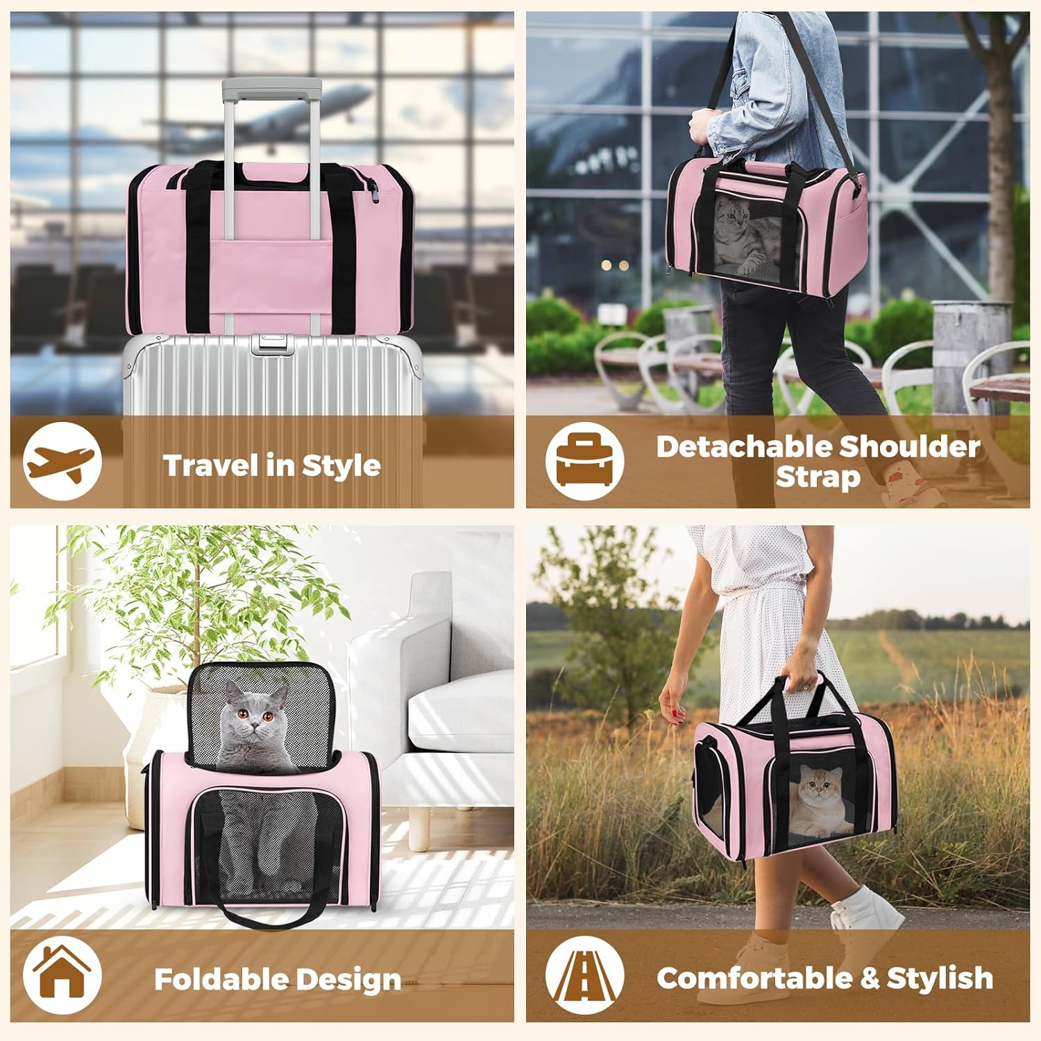Cat Carrier Soft for Pets up to 15 Lbs, Cat Travel Bag Soft-Sided with Padded Shoulder Strap, Pet Dog Carriers for Small Dogs Travel Puppy Carry Airline Approved, Pink - Image 7