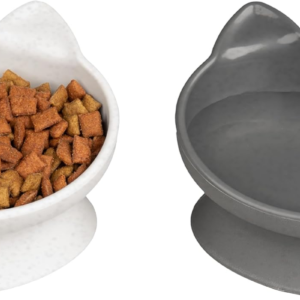 Elevated Cat Bowls (Set of 2), Whisker-Friendly Raised Cat Food & Water Dishes, Modern Pedestal Design, Dishwasher Safe, 6.5 Oz Each – White & Gray