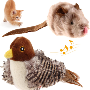 Chirping Bird Cat Toy Set, Interactive Chasing Toy for Indoor Cat, Motion Activated Kitten Play Toys, Squeaky Cats Animal Feather Toy for All Breeds Cats Kicker