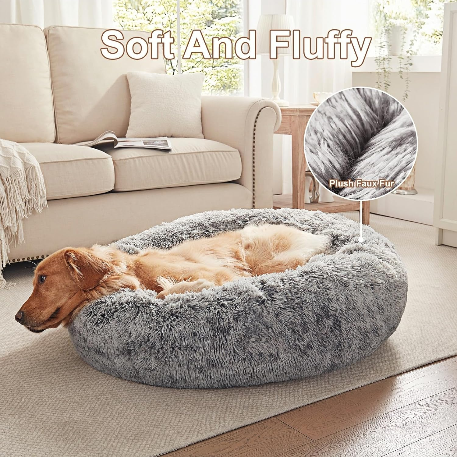 36 Inches Donut Dog Bed for Large Dogs - Calming Fluffy round Pet Bed with Removable & Washable Cover,Fits up to 80 Lbs Pets (Dark Grey,Large) - Image 4
