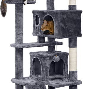 54In Cat Tree, Multi-Level Cat Tower with Spacious Kitten-Ear Perch, 2 Cozy Caves, Scratching Posts, Climbing Ladder, 2 Plush Balls, Durable Pet House Furniture for Indoor Kittens, Dark Gray