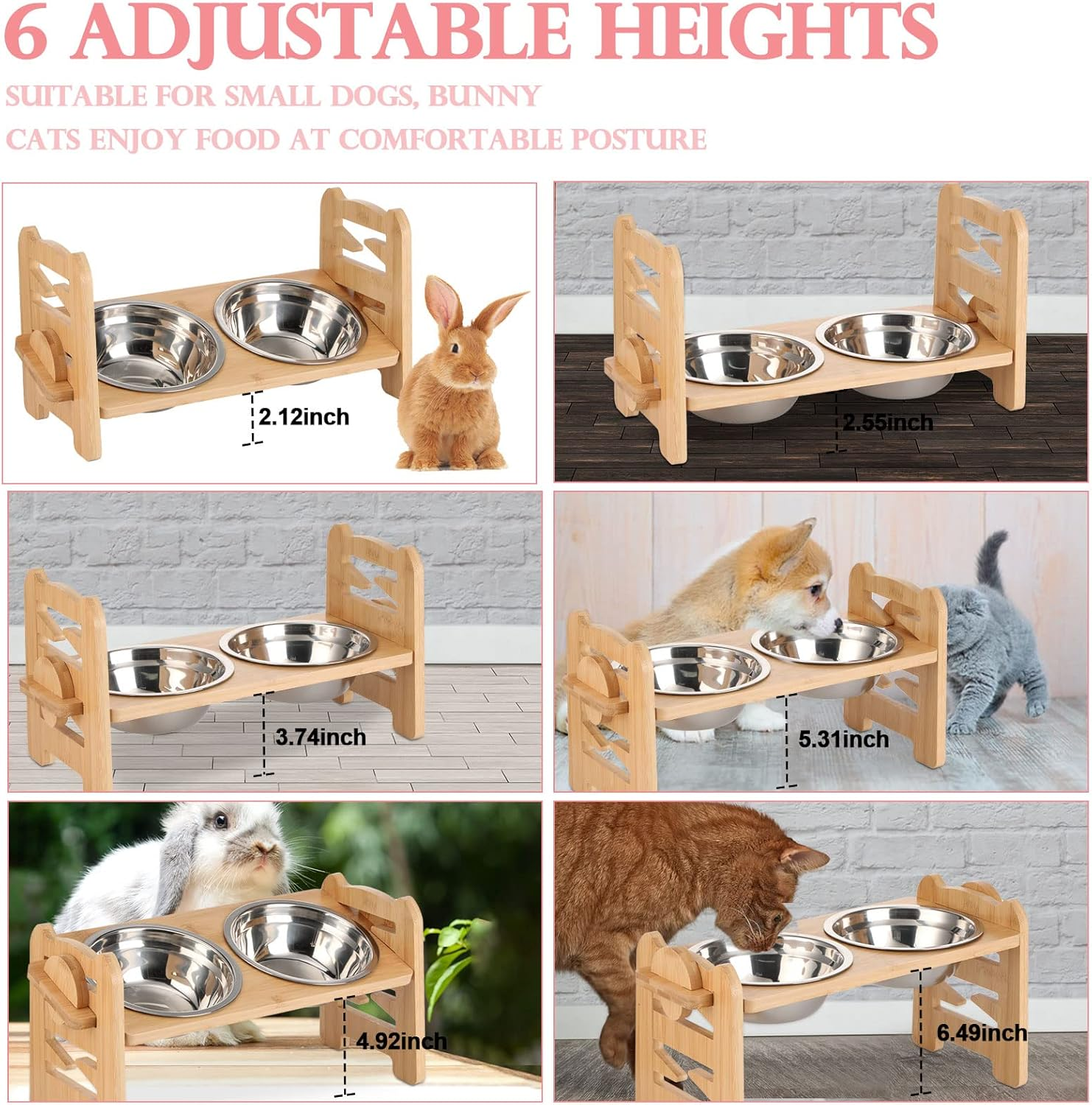 2 Set Elevated Dog Cat Bowls, 15 Tilted Raised Pet Bowl for Puppy and Cats Adjustable Dog Food Feeding Dishes Wood Stand Pet Feeder with Stainless Steel and Non Slip Feet - Image 4