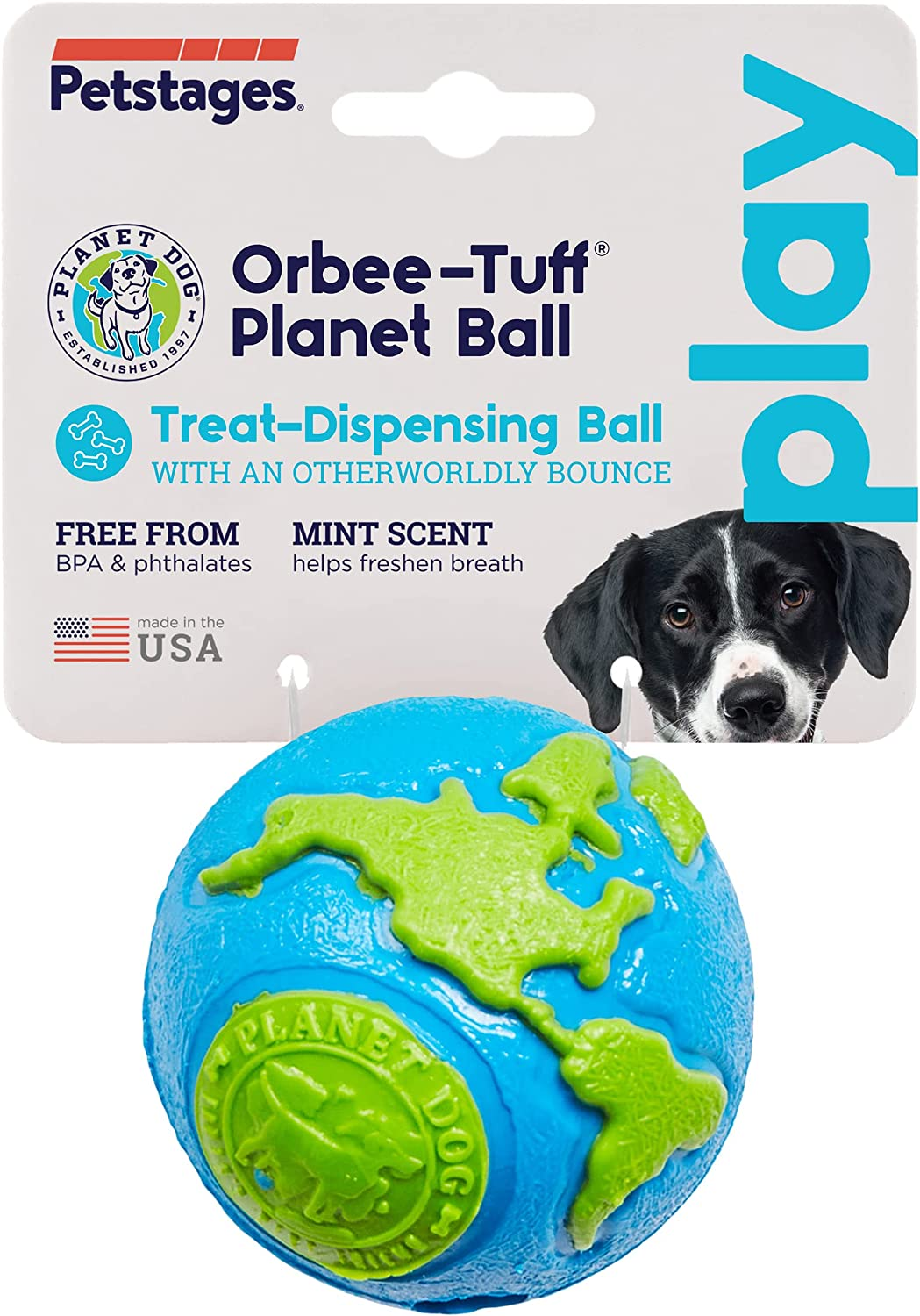 Outward Hound by Orbee-Tuff Planet Ball Blue/Green Treat-Dispensing Dog Toy, Medium - Image 2