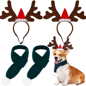 2 Set Pet Christmas Costumes Dog Knitted Scarf Reindeer Antlers Headband Elk Pet Headdress Neck Puppy Winter Warm Christmas Holiday Decoration Scarf Cat Accessories for Medium Dogs(Red,Green)