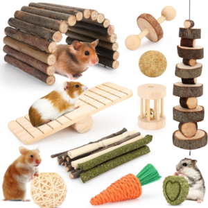 Hamster Cage Accessories, 12 Different Chew Toys for Guinea Pig, Chinchillas, Gerbils, Mice, Rats, Mouse, Rabbit, Bunny Hideout Seesaw, Natural Molar Tools