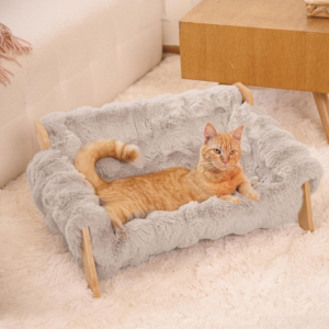 Elevated Cat Couch Bed for Indoor Cats, Wooden Cat Sofa with Removable Washable Fluffy Cover Raised Kitty Lounge Chair Suitable for Puppy(Cat Sofa,Khaki-Light Gray)