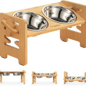 Elevated Dog Bowls, Adjustable Raised Dog Bowl Stand for Small Puppy and Cats, Sturdy Bamboo Pet Food Feeder with 2 Stainless Steel Dishes, Natural