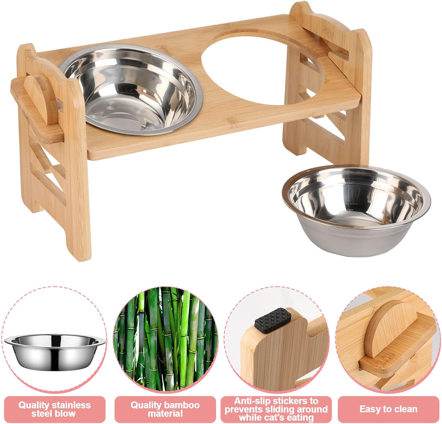 2 Set Elevated Dog Cat Bowls, 15 Tilted Raised Pet Bowl for Puppy and Cats Adjustable Dog Food Feeding Dishes Wood Stand Pet Feeder with Stainless Steel and Non Slip Feet - Image 3